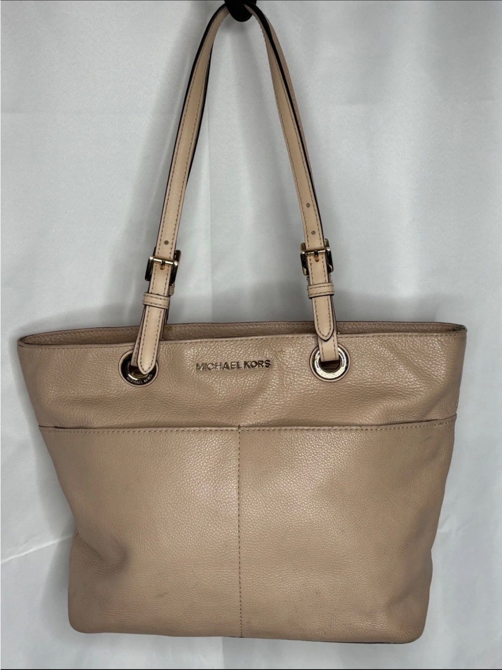 Michael Kors Bedford Pebbled Leather Medium Pocket Tote Beige Tan Bag